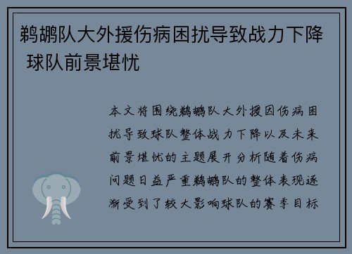 鹈鹕队大外援伤病困扰导致战力下降 球队前景堪忧