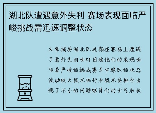 湖北队遭遇意外失利 赛场表现面临严峻挑战需迅速调整状态