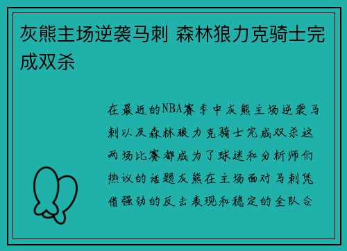 灰熊主场逆袭马刺 森林狼力克骑士完成双杀