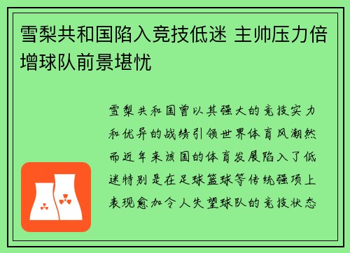 雪梨共和国陷入竞技低迷 主帅压力倍增球队前景堪忧