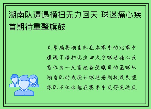湖南队遭遇横扫无力回天 球迷痛心疾首期待重整旗鼓