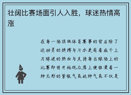 壮阔比赛场面引人入胜，球迷热情高涨