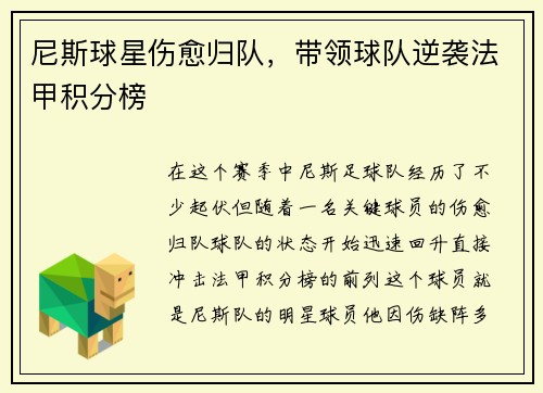 尼斯球星伤愈归队，带领球队逆袭法甲积分榜