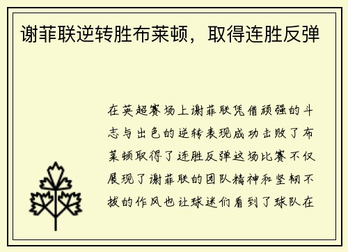 谢菲联逆转胜布莱顿，取得连胜反弹