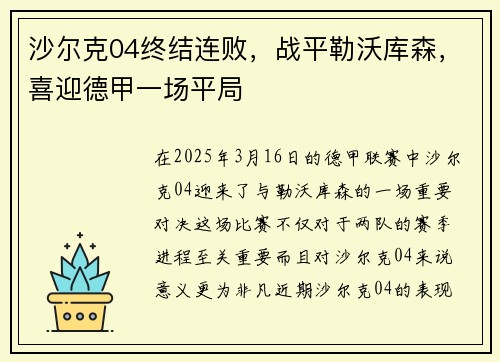 沙尔克04终结连败，战平勒沃库森，喜迎德甲一场平局