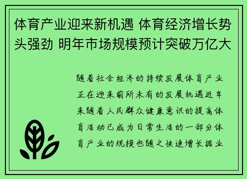 体育产业迎来新机遇 体育经济增长势头强劲 明年市场规模预计突破万亿大关